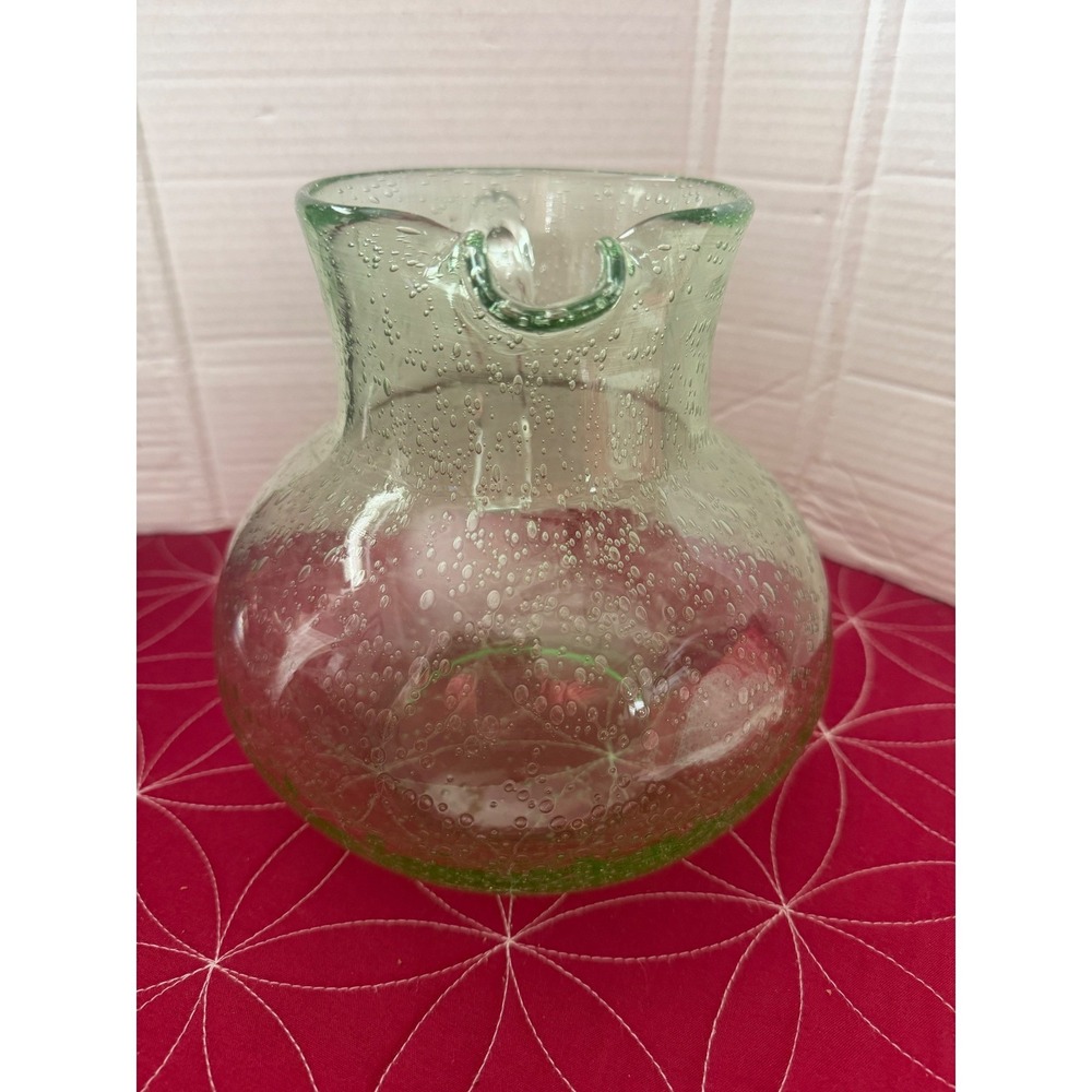 Vtg Hand Blown Light Green Seeded Bubble Glass Pitcher Round Belly Water Carafe - Picture 2 of 6